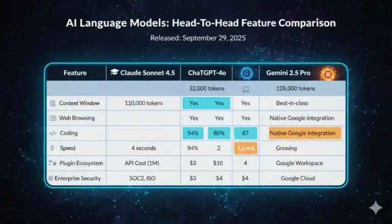 Claude Sonnet 4.5 vs ChatGPT 4o vs Gemini 2.5 Pro: AI Language Model Feature Comparison.